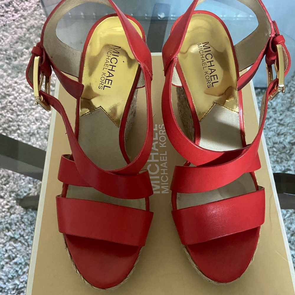Michael kors leather red wedge sandals